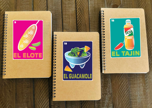 El Elote, El Guacamole, El Tajin Mexican Loteria Spiral Kraft cover A5 8.25x5.5 Journal sketch notebook