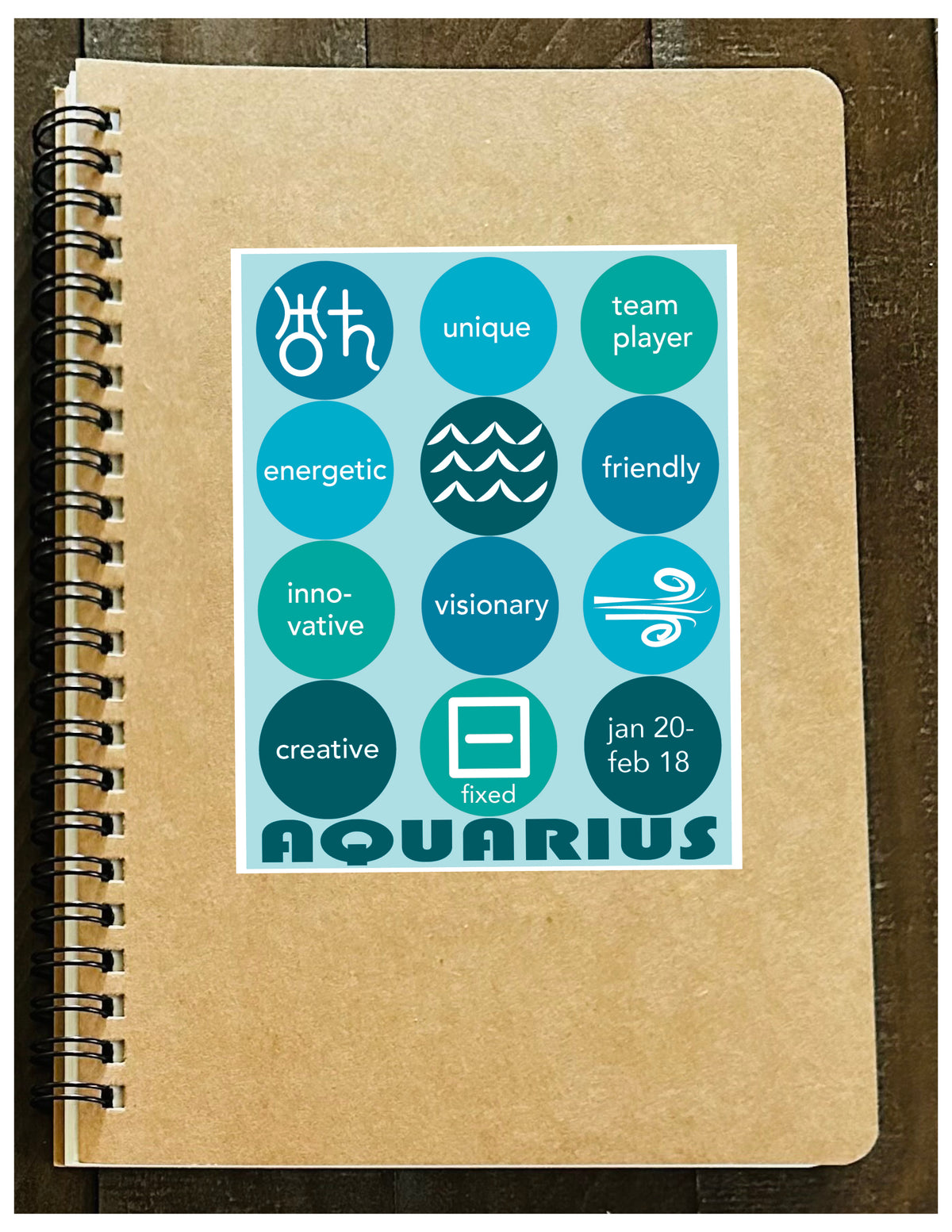 AQUARIUS Astrology Traits & Symbols Spiral Kraft A5 Notebook