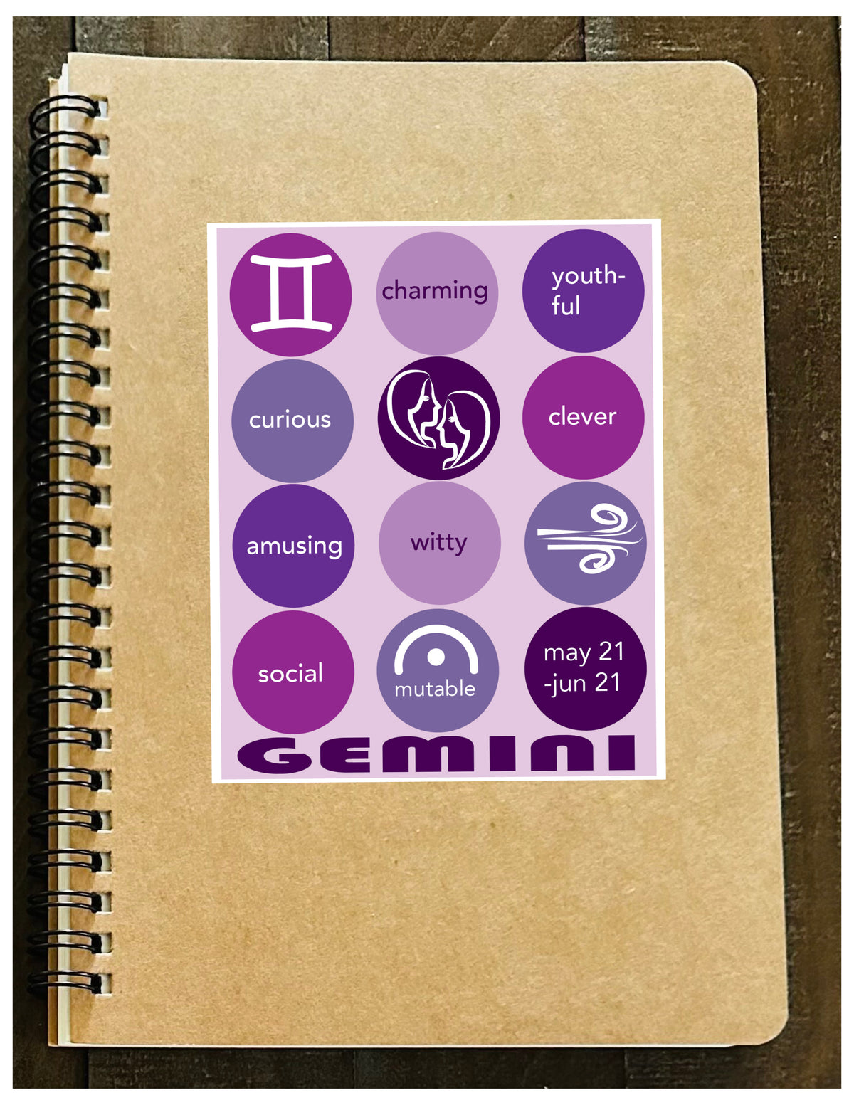 GEMINI Astrology Traits & Symbols Spiral Kraft A5 Notebook