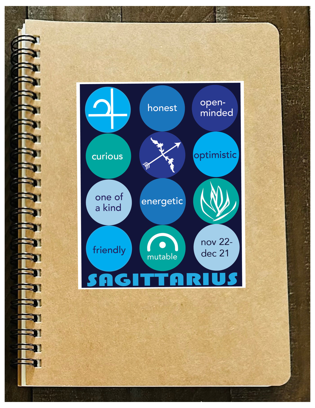SAGITTARIUS Astrology Traits & Symbols Spiral Kraft A5 Notebook