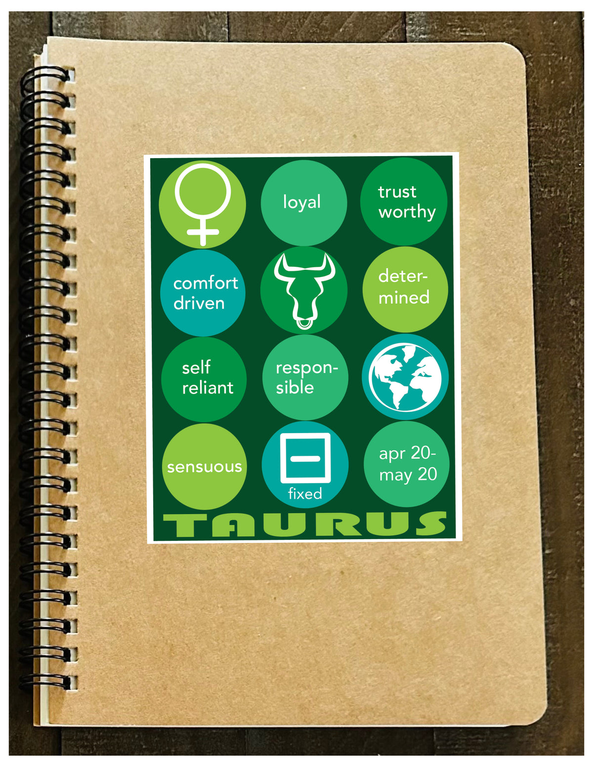 TAURUS Astrology Traits & Symbols Spiral Kraft A5 Notebook