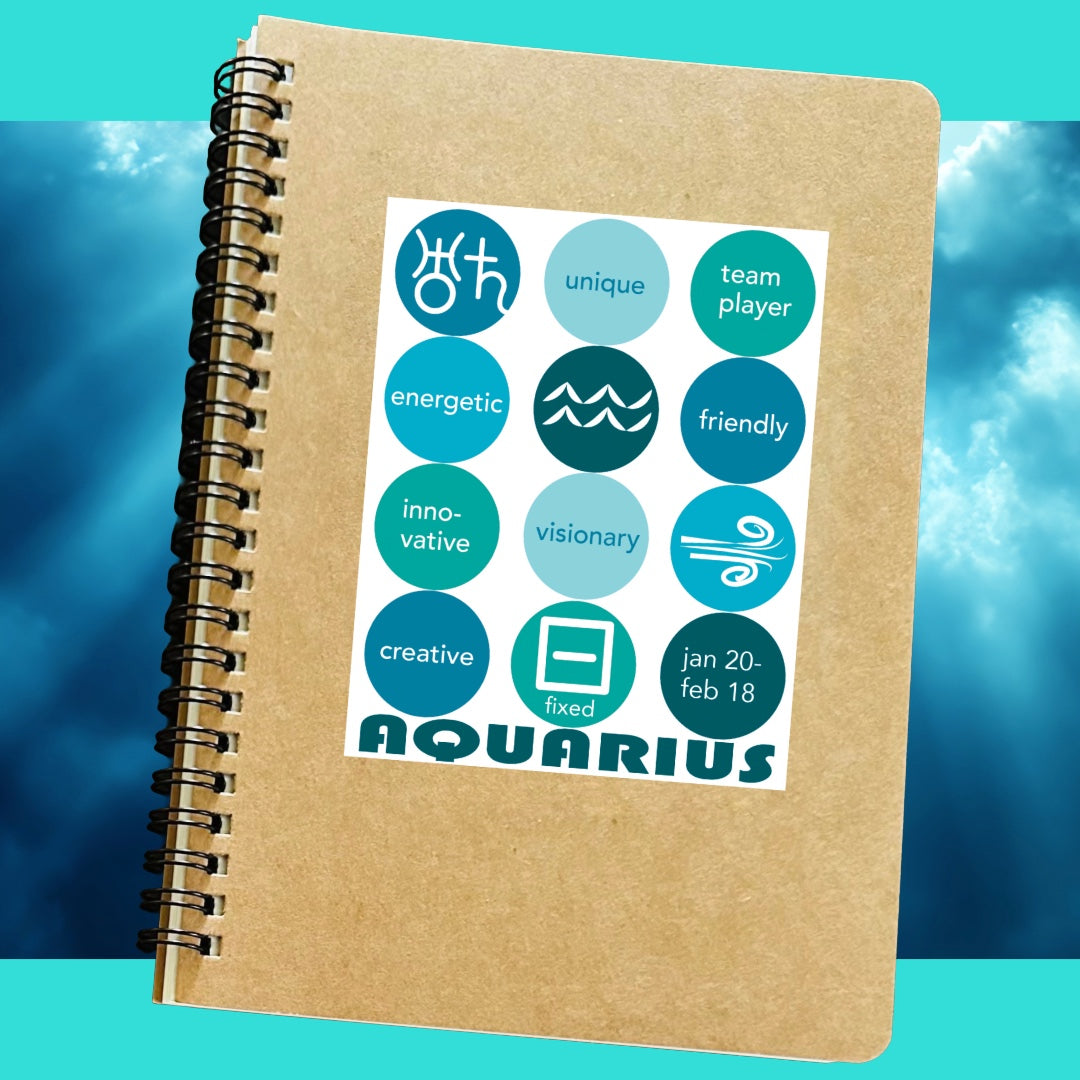 AQUARIUS Astrology Traits & Symbols Spiral Kraft A5 Notebook