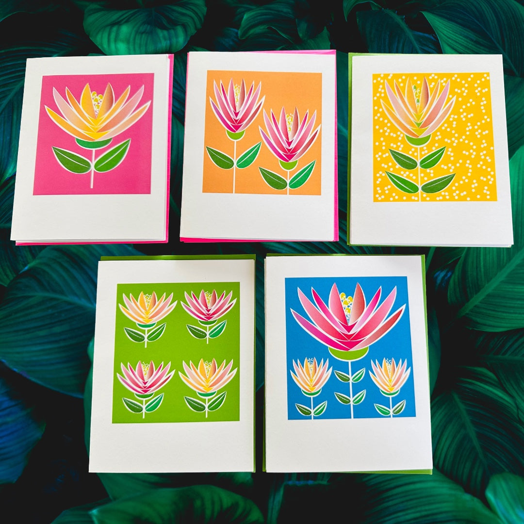LOTUS FLOWER Note Cards A2 size Bold Floral Modern & Colorful Stationery Boxed set of 10