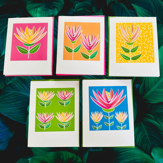 LOTUS FLOWER Note Cards A2 size Bold Floral Modern & Colorful Stationery Boxed set of 10