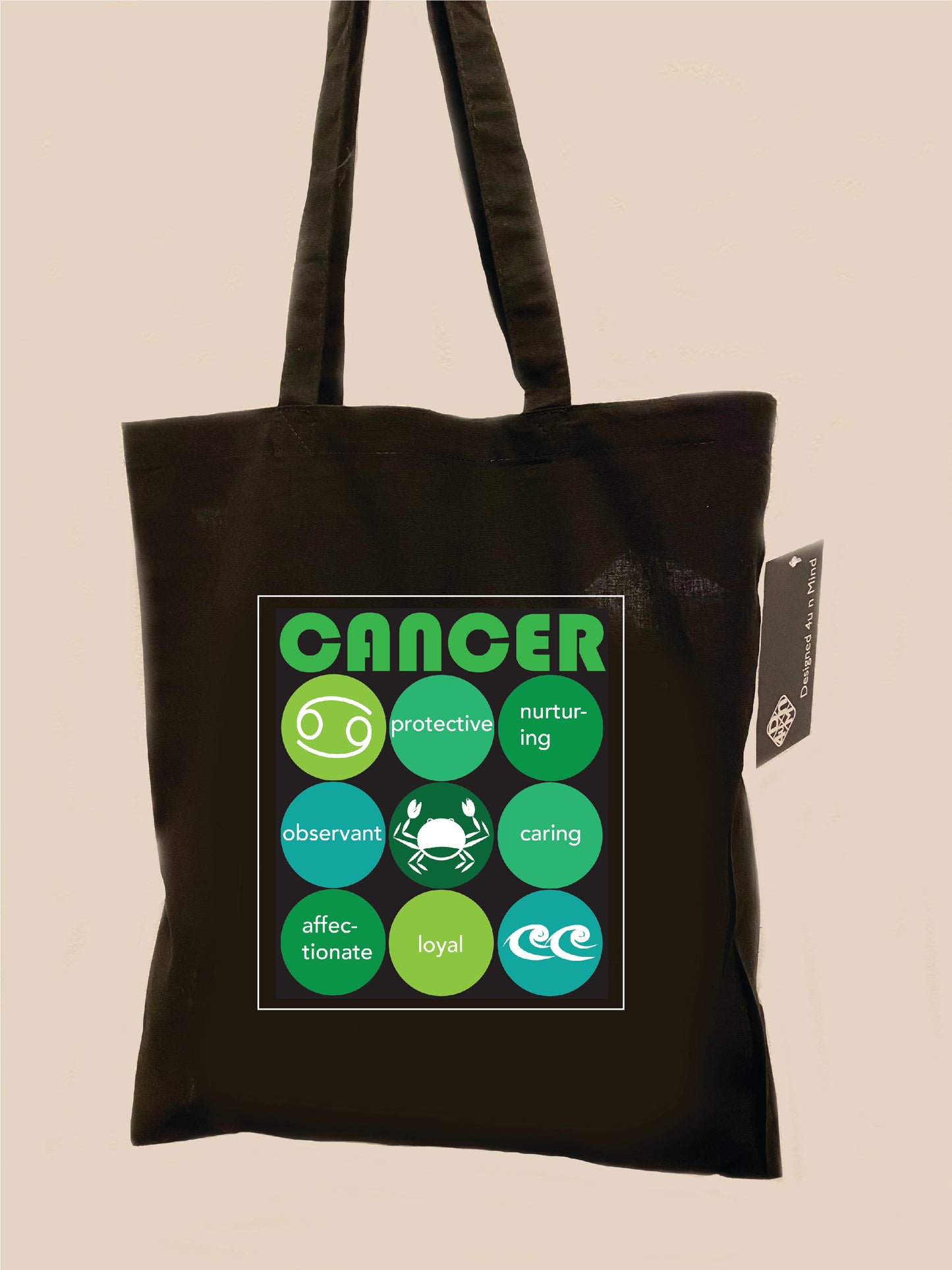 Black CANCER Zodiac Unisex Cotton Reusable Tote Bag