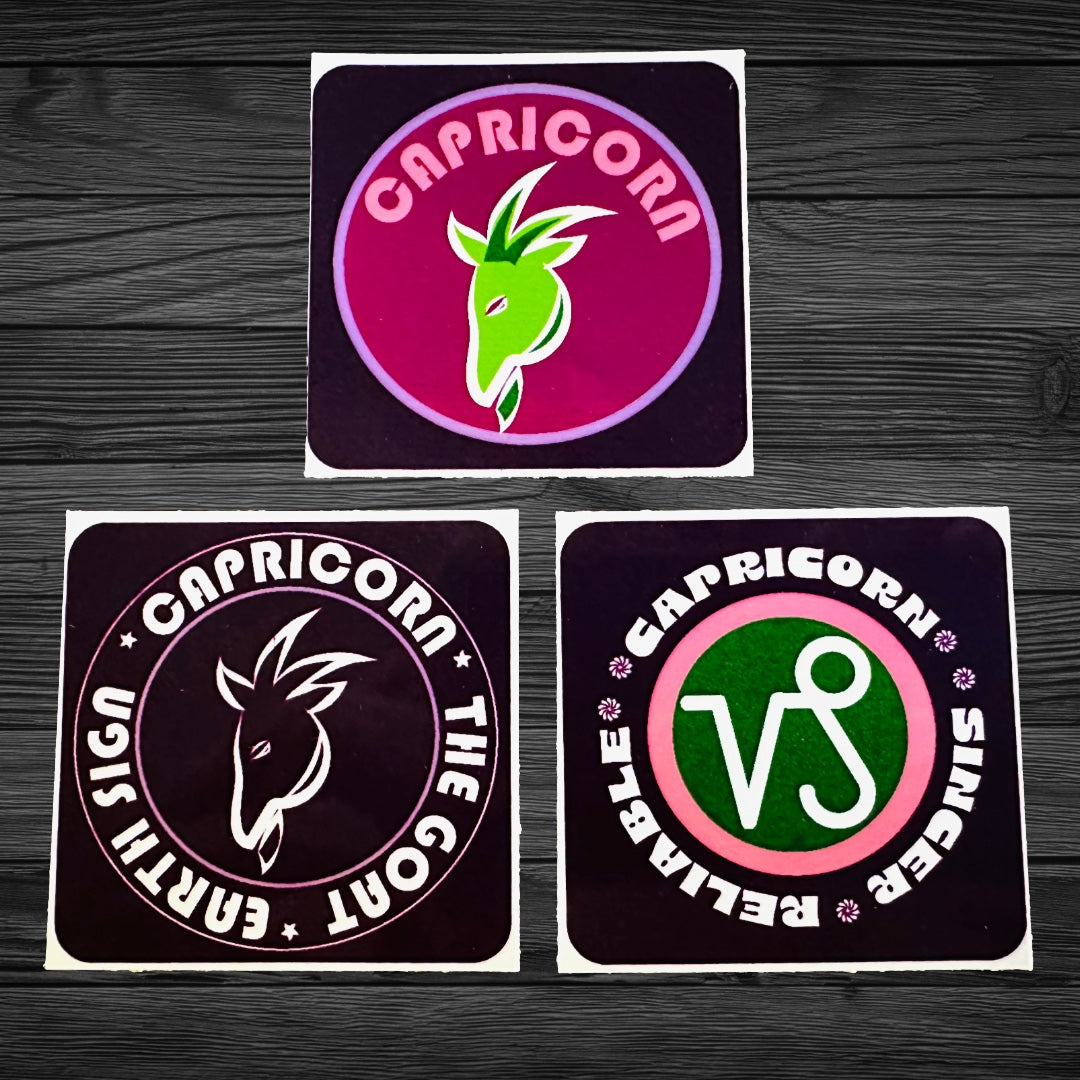 CAPRICORN Bold Colorful Characteristic's & Traits Stickers Set of 3, Glossy Vinyl Decals