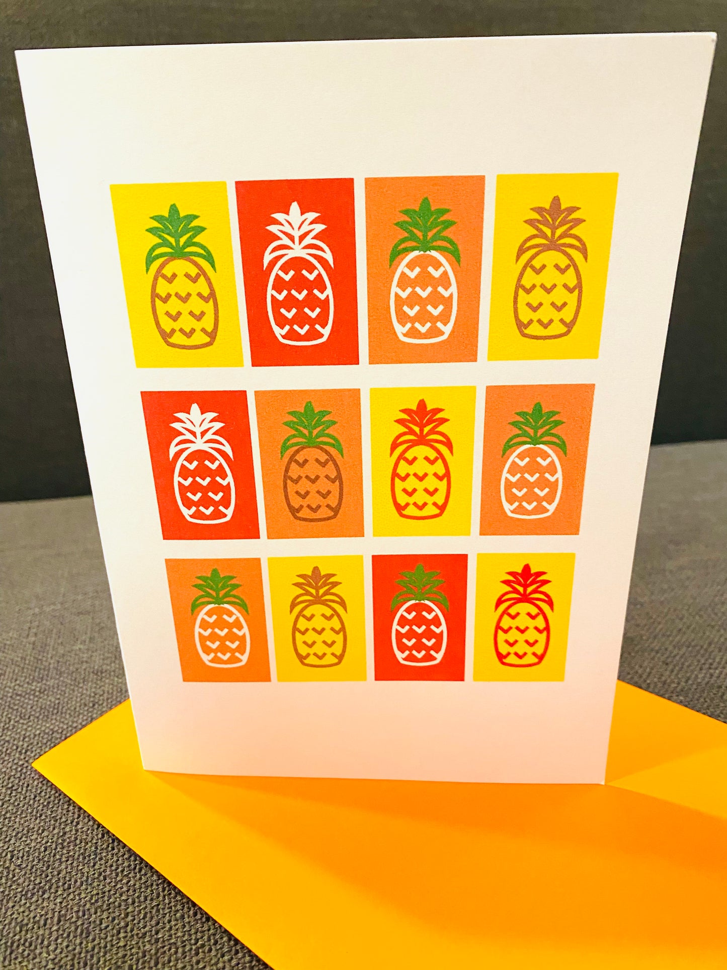 Yellow MANY PINAS Pineapples 5X7 boxed note card set of 10