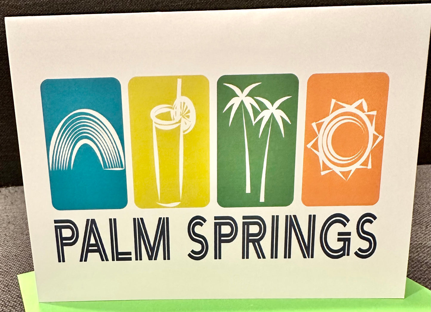 Greetings From PALM SPRINGS Note Card 5x7 sun palms cocktails and rainbows card
