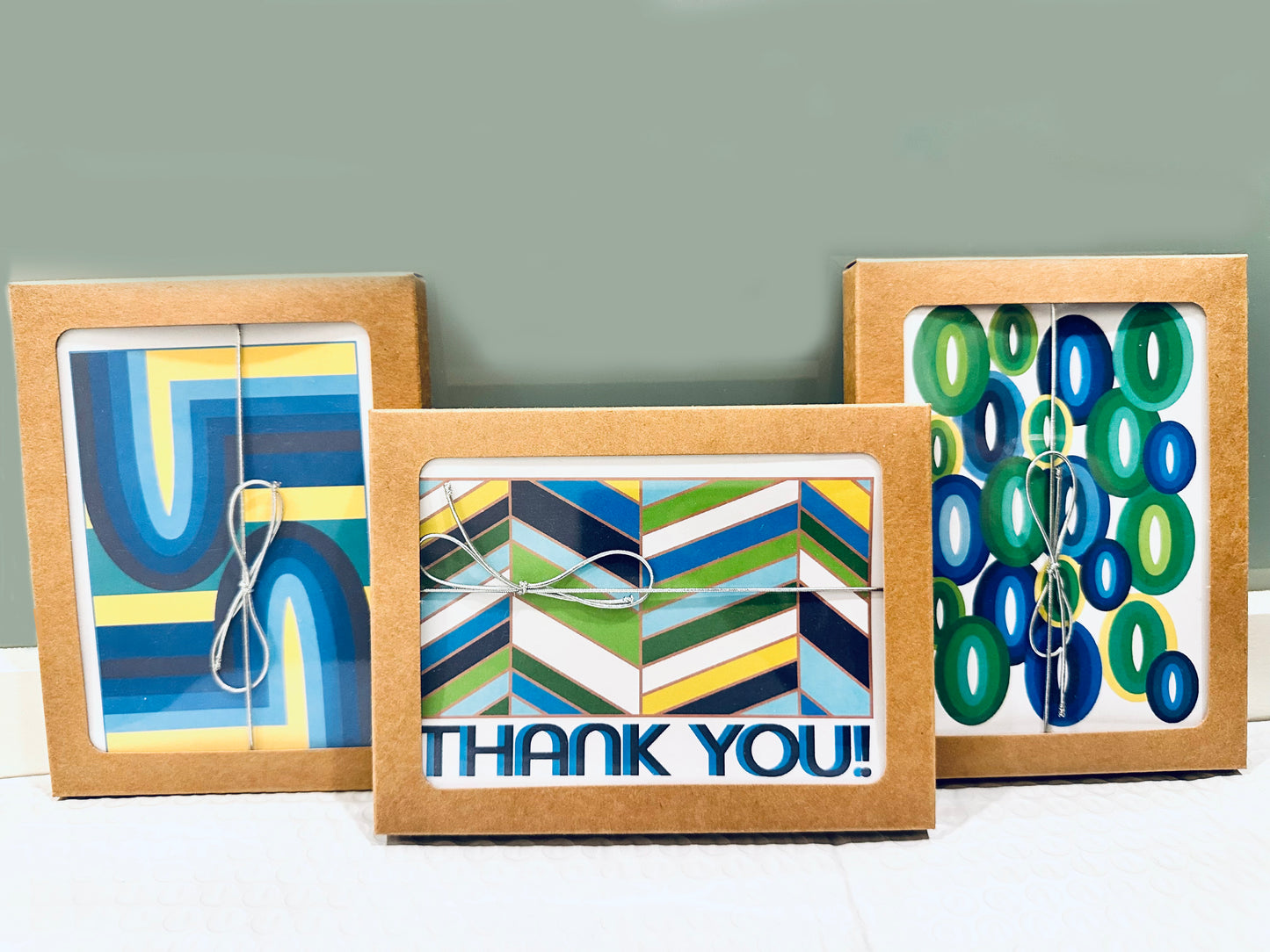 Green Chevon Thank you cards A2 size boxed note card set of 10