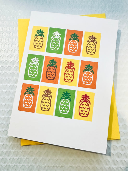 MANY PINAS blank inside Any occasion greeting card 5x7 fun multi pineapple motifs