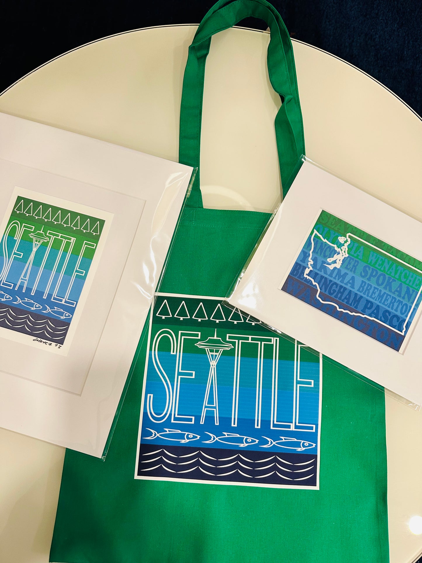 SEATTLE Space needle  trees, salmon Icons 5x7 Greeting Card