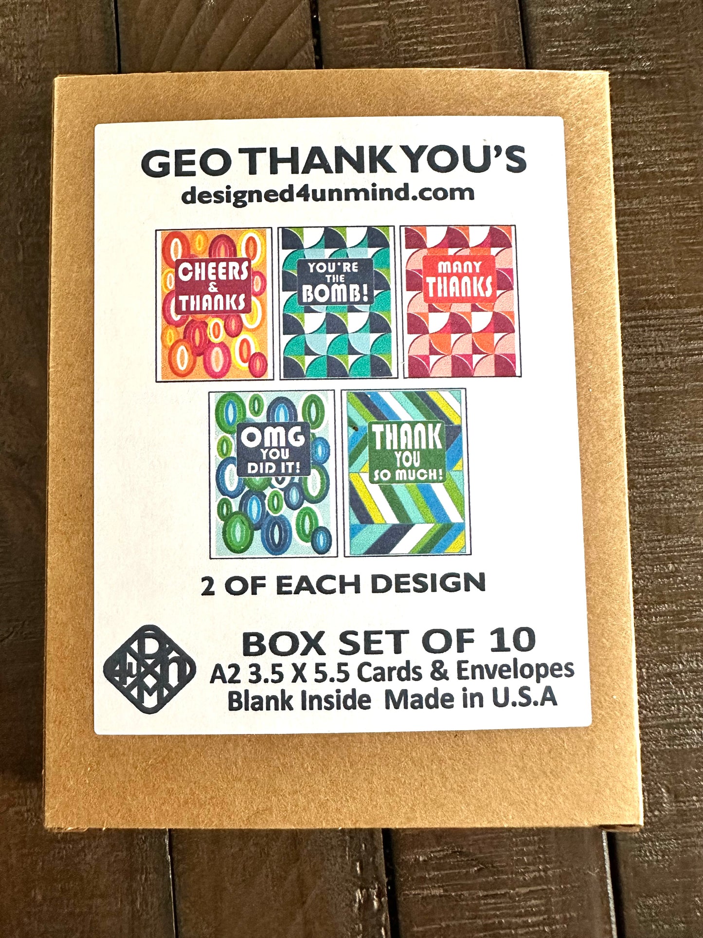 Geo THANK YOU'S  A2 5.5L X 4.25W size Modern & Colorful Thank you Cards Boxed set of 10