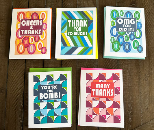 Geo THANK YOU'S  A2 5.5L X 4.25W size Modern & Colorful Thank you Cards Boxed set of 10