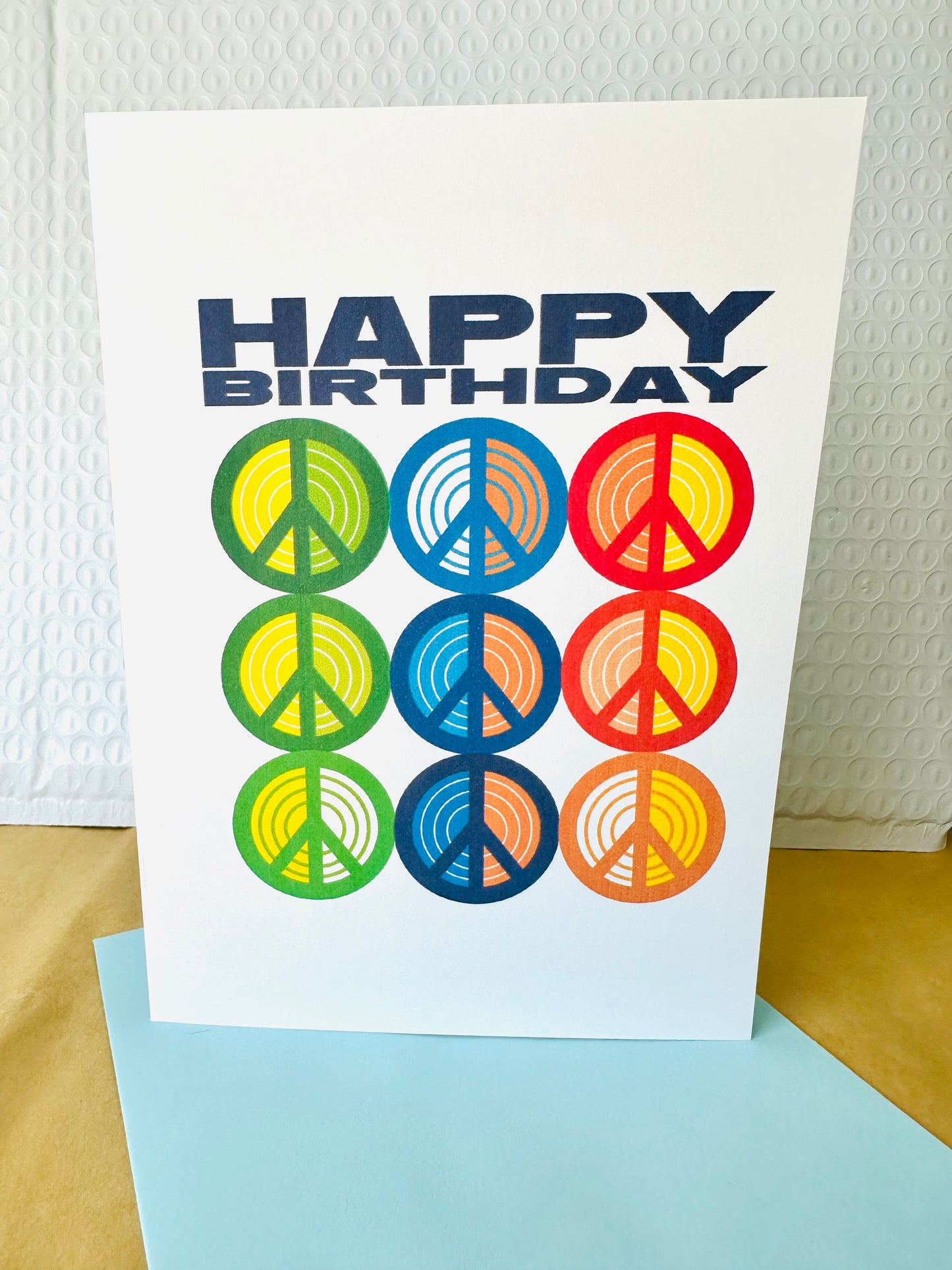 Happy Birthday & HBD Vibes! 70's inspired Multi Peace sign Greeting card 5x7 blank inside