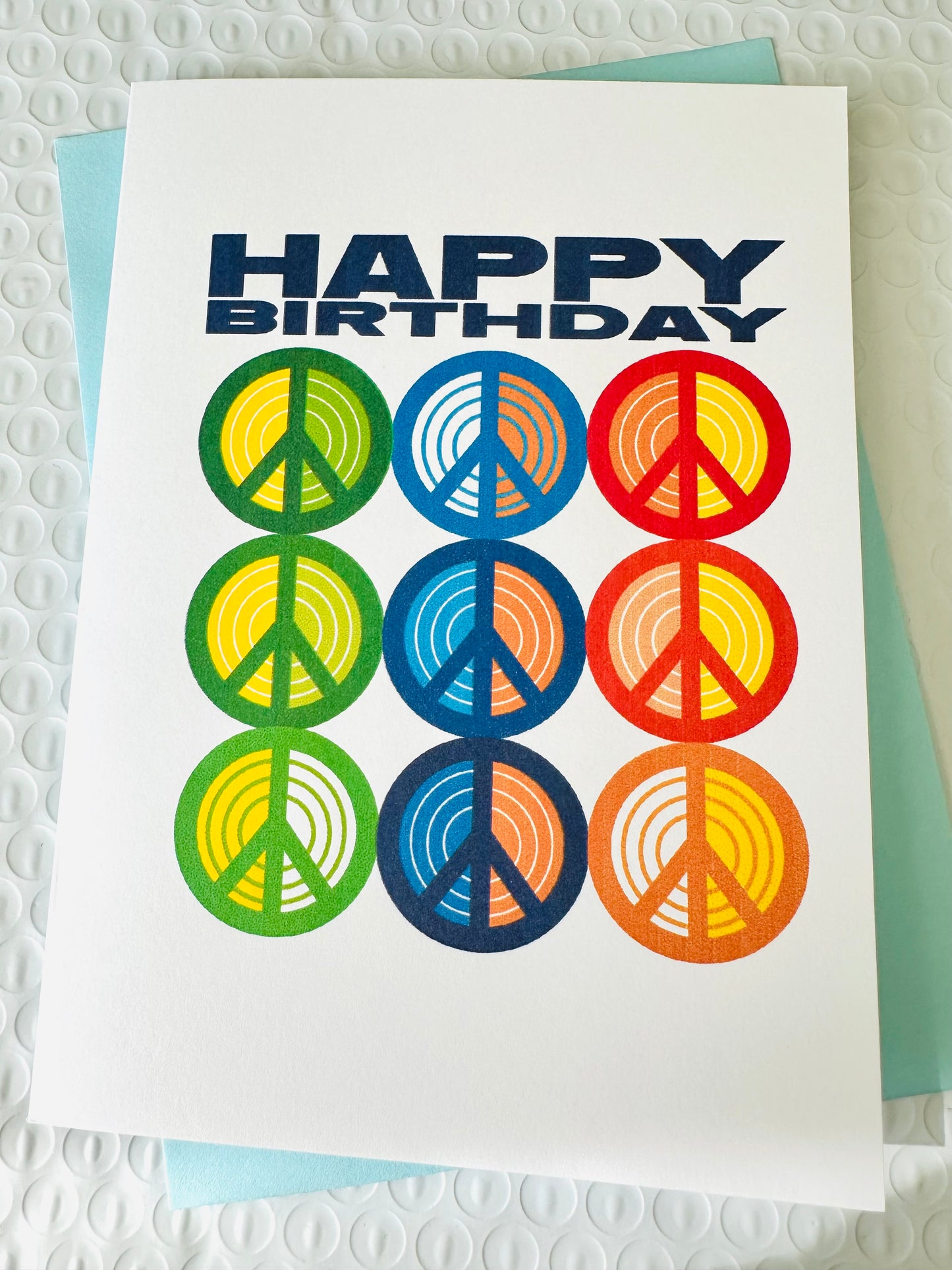 Happy Birthday & HBD Vibes! 70's inspired Multi Peace sign Greeting card 5x7 blank inside