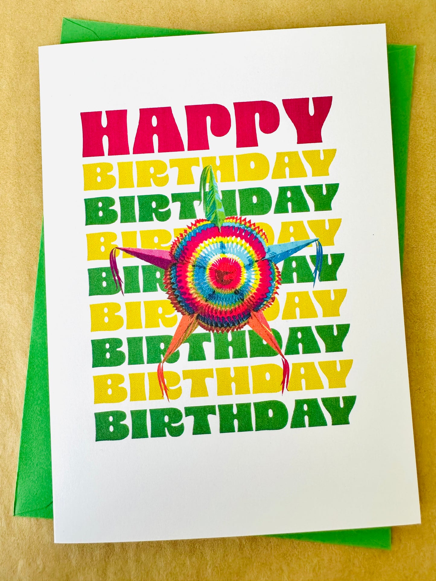 Happy Birthday & Feliz Cumpleanos! Festive star piñata greeting card 5x7 blank inside