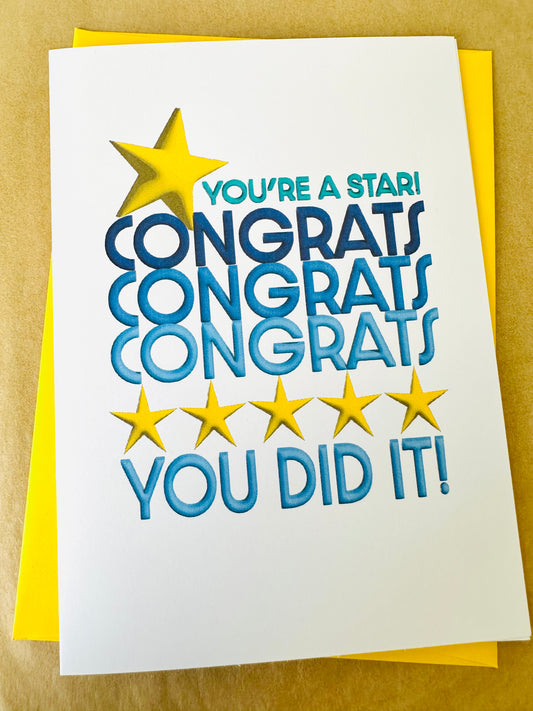 Congrats! You did it! You're a Star! 5X7 Multi star Congratulations Greeting card