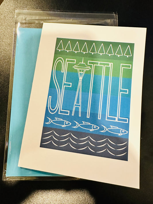 SEATTLE Space needle  trees, salmon Icons 5x7 Greeting Card