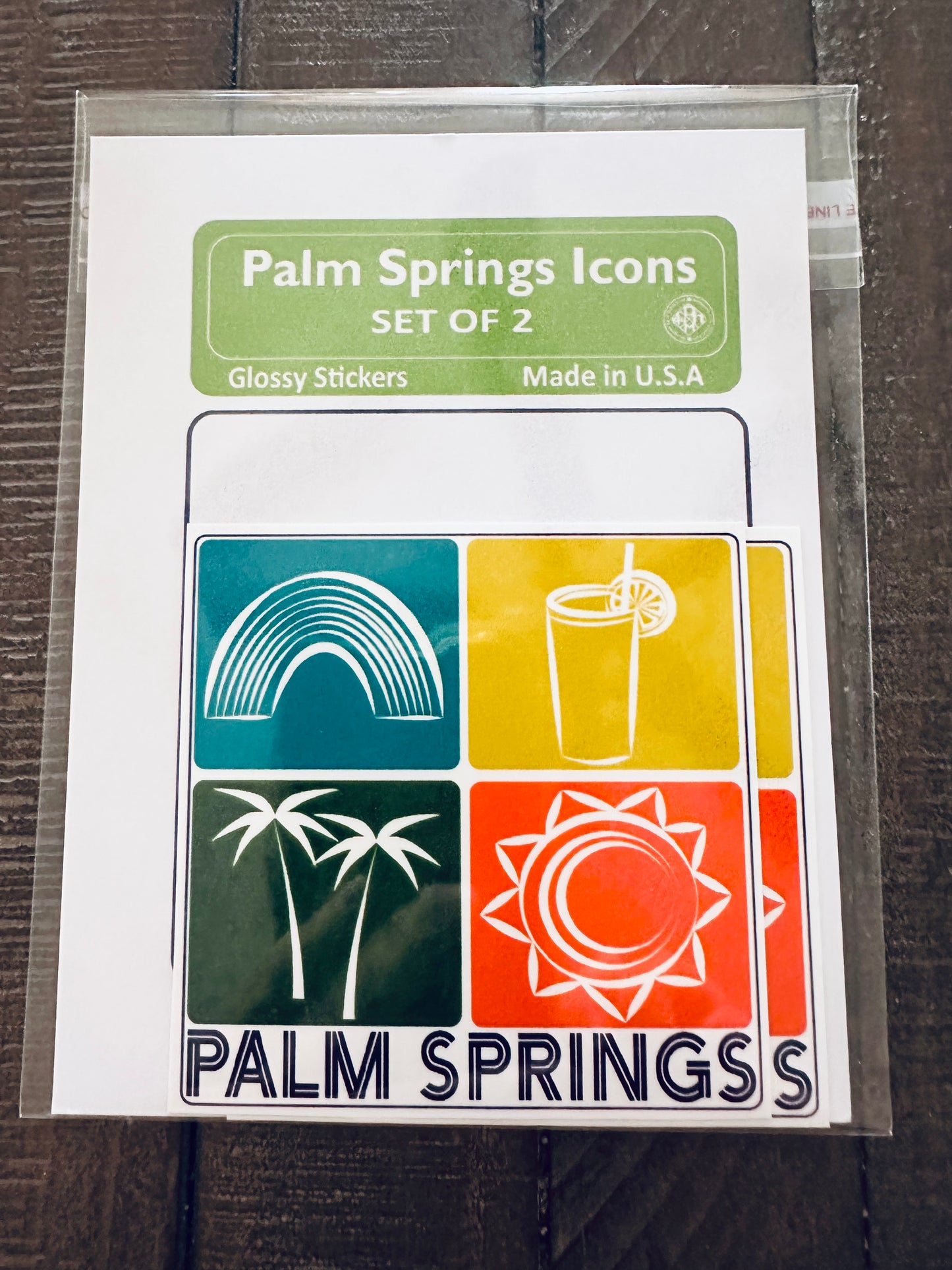PALM SPRINGS Stickers Landscape or Icons sun palms cocktails glossy decals