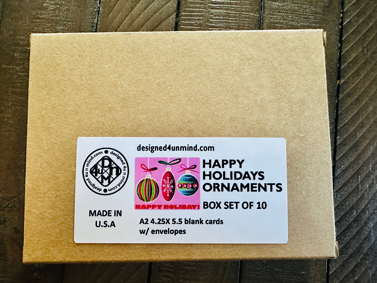 Happy Holiday Festive Ornaments! Holiday Boxed Christmas card set of 10