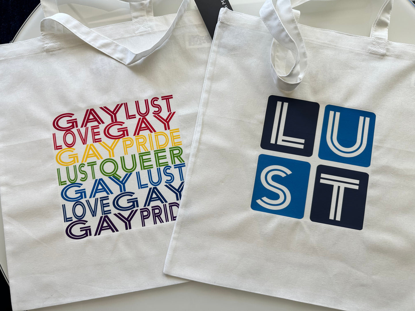 White GAY LUST & LOVE Pride Unisex Cotton Reusable Tote Bag