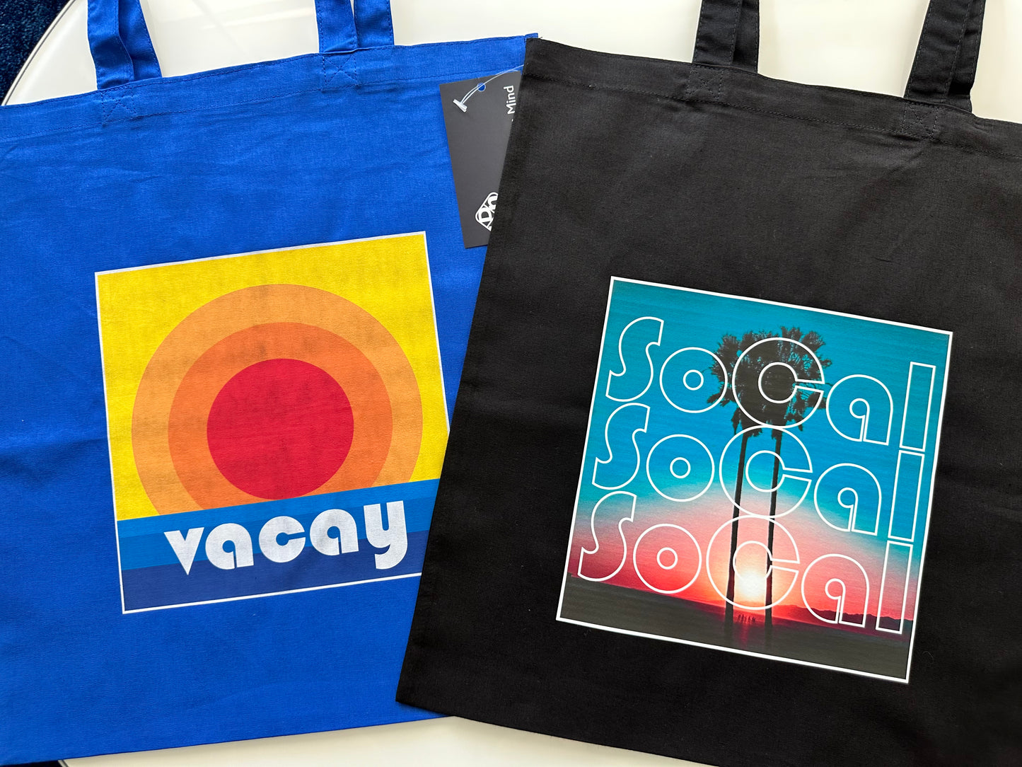 Blue VACAY SUNSET Beach or Pool Unisex Cotton Reusable Tote Bag