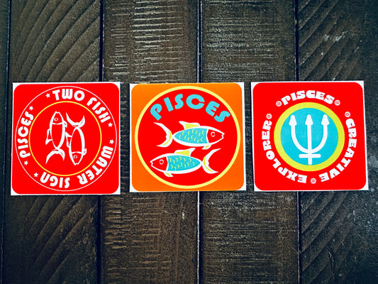 PISCES Bold Colorful Characteristic's & Traits Stickers Set of 3, Glossy Vinyl Decals