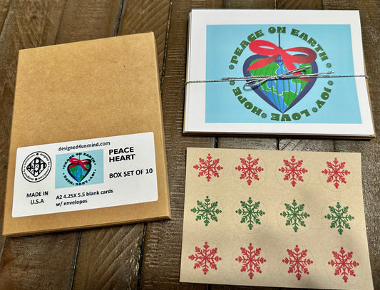 PEACE HEART Ornament Holiday Boxed Christmas cards set of 10