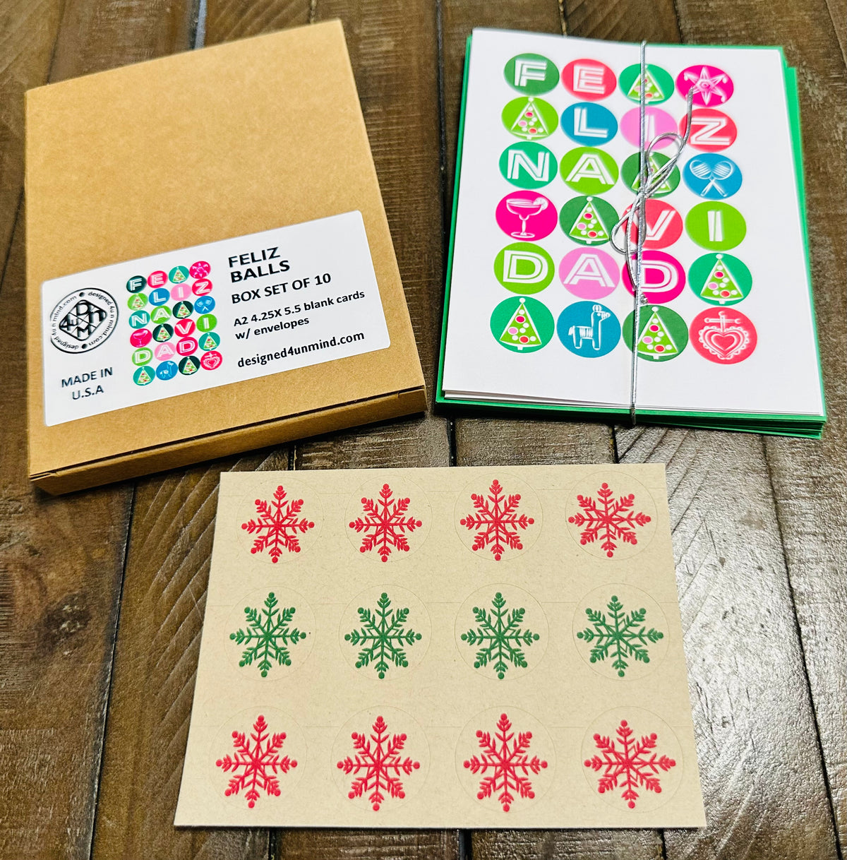 Feliz Navidad Balls Colorful Boxed Christmas card set of 10