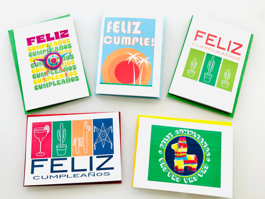 FELIZ CUMPLEANOS SET of 10 cards Modern Colorful Spanish Birthday Boxed cards