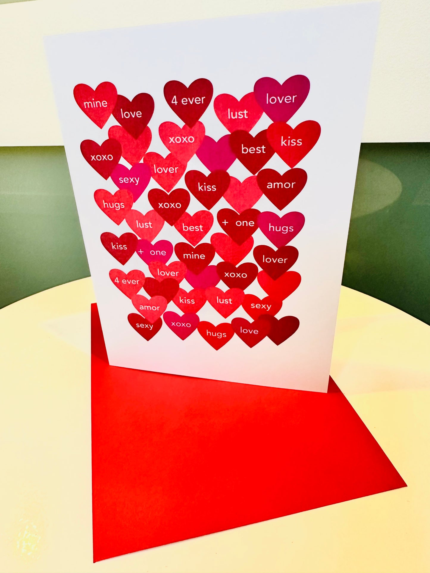 MANY HEARTS Anniversary Love Card 5x7 hearts with mini messages xoxo & more