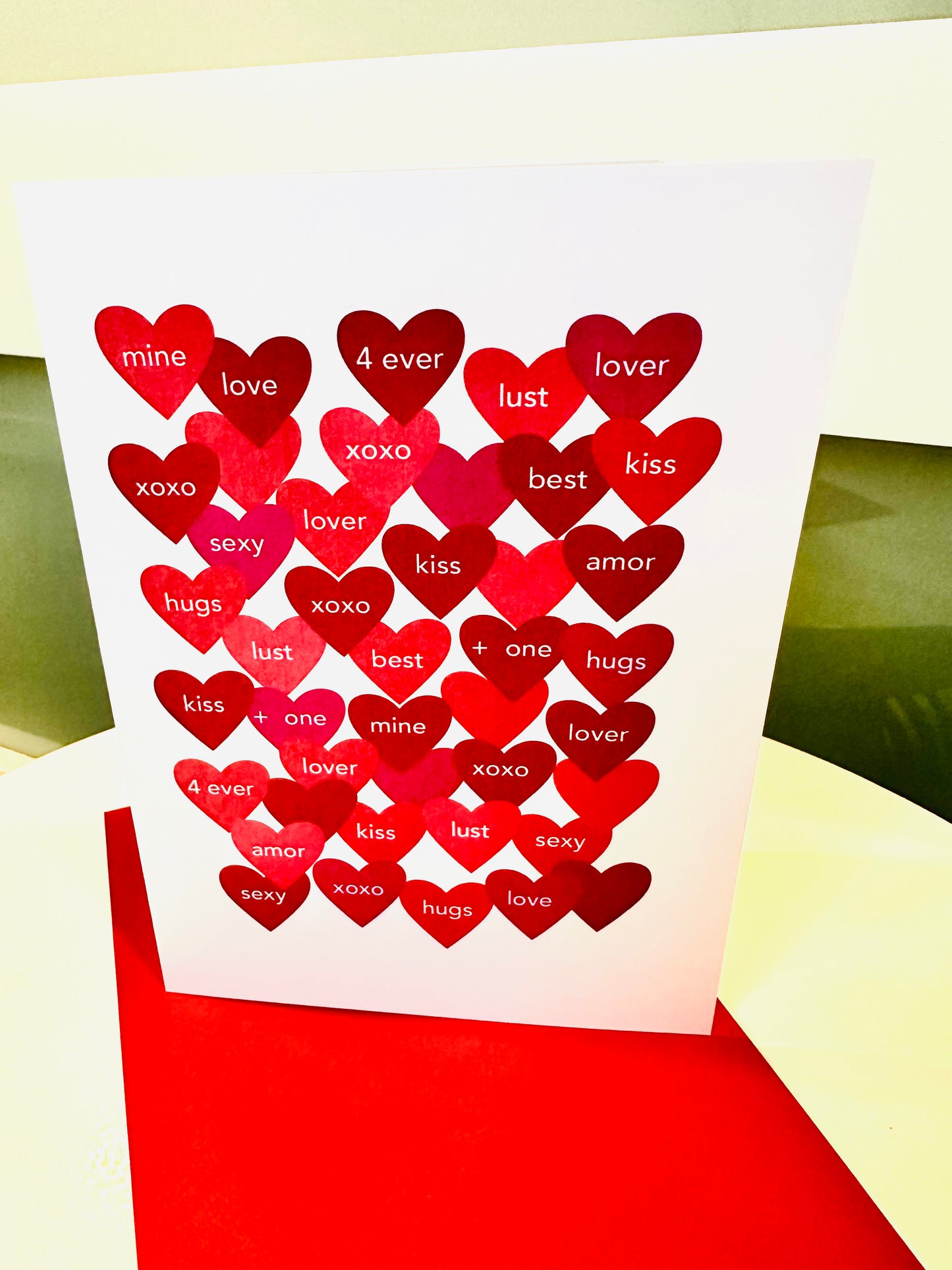 MANY HEARTS Anniversary Love Card 5x7 hearts with mini messages xoxo & more