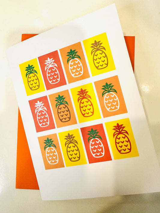 Yellow MANY PINAS Pineapples 5X7 boxed note card set of 10