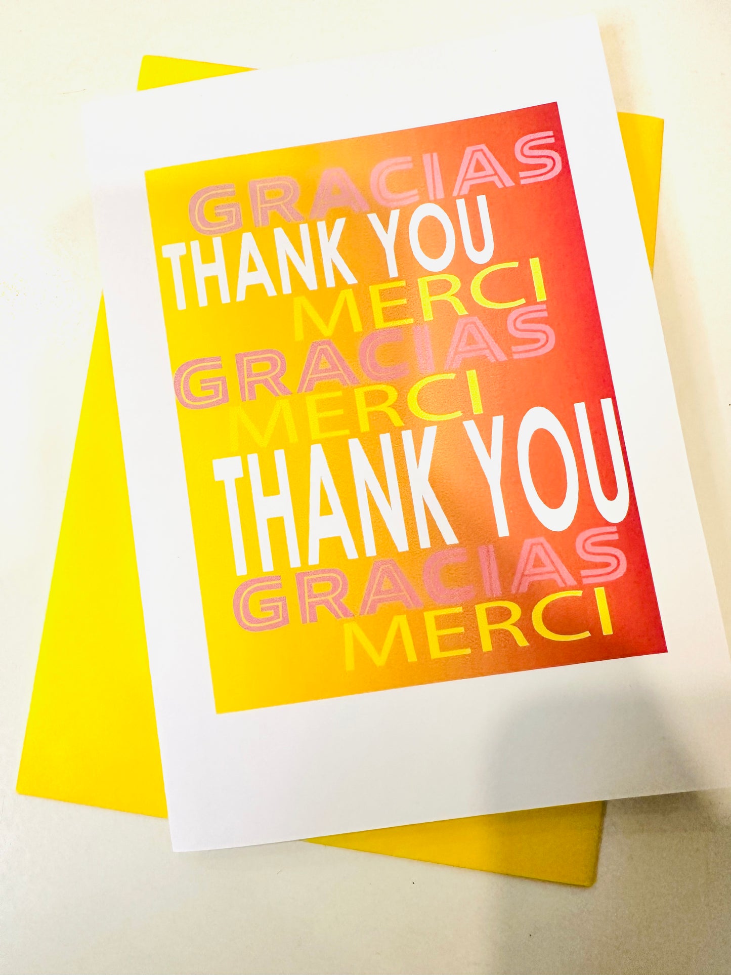Yellow MANY THANKS 5x7 Multi language boxed note card set of 10