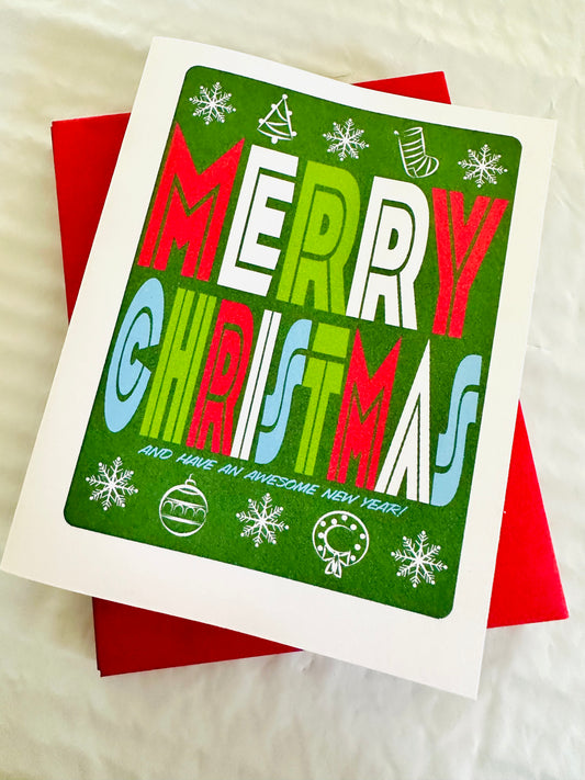 Merry Christmas & Have an Awesome New Year! Holiday Boxed Greeting card set of 10 size A2