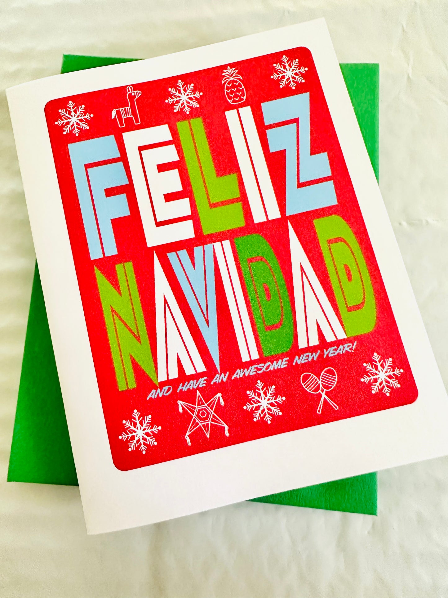 Feliz Navidad & Have an Awesome New Year! Holiday Boxed Greeting card set of 10 size A2