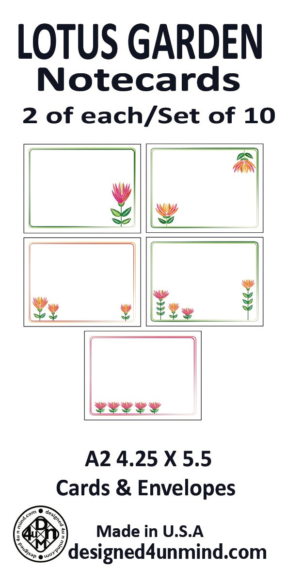 LOTUS GARDEN Floral Note Cards Stationery set of 10