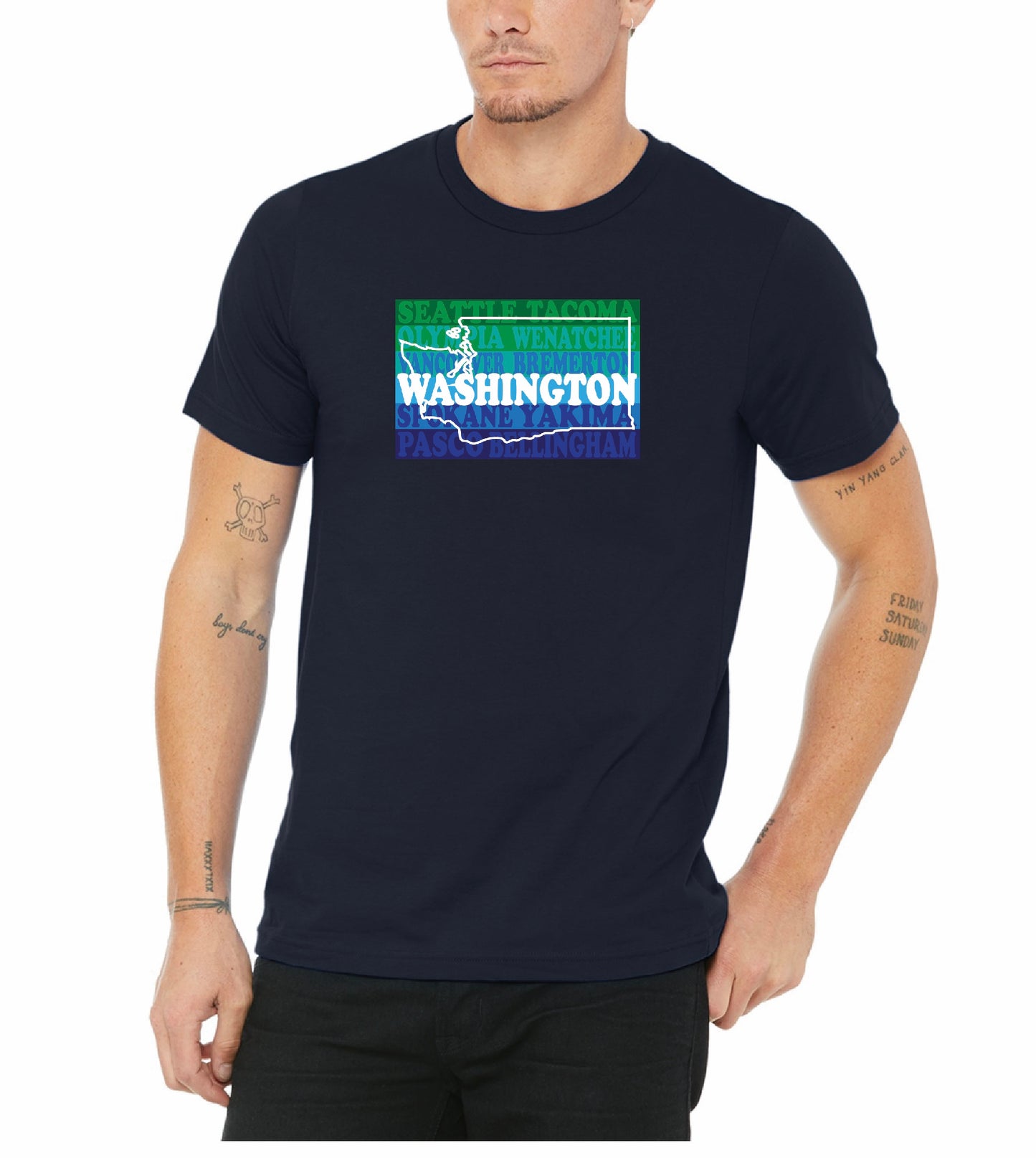Navy WASHINGTON STATE Map & Cities Unisex Cotton Graphic-T