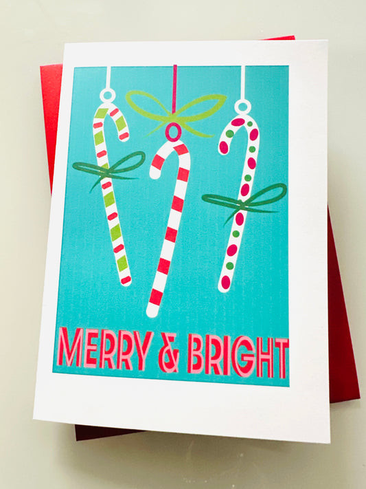 MERRY & BRIGHT CANDY CANE Holiday Boxed Stationery Greeting card set of 10 size 5 X 7