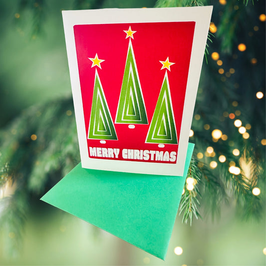 Mod Christmas Trees Geometric Holiday Boxed Christmas card set of 10