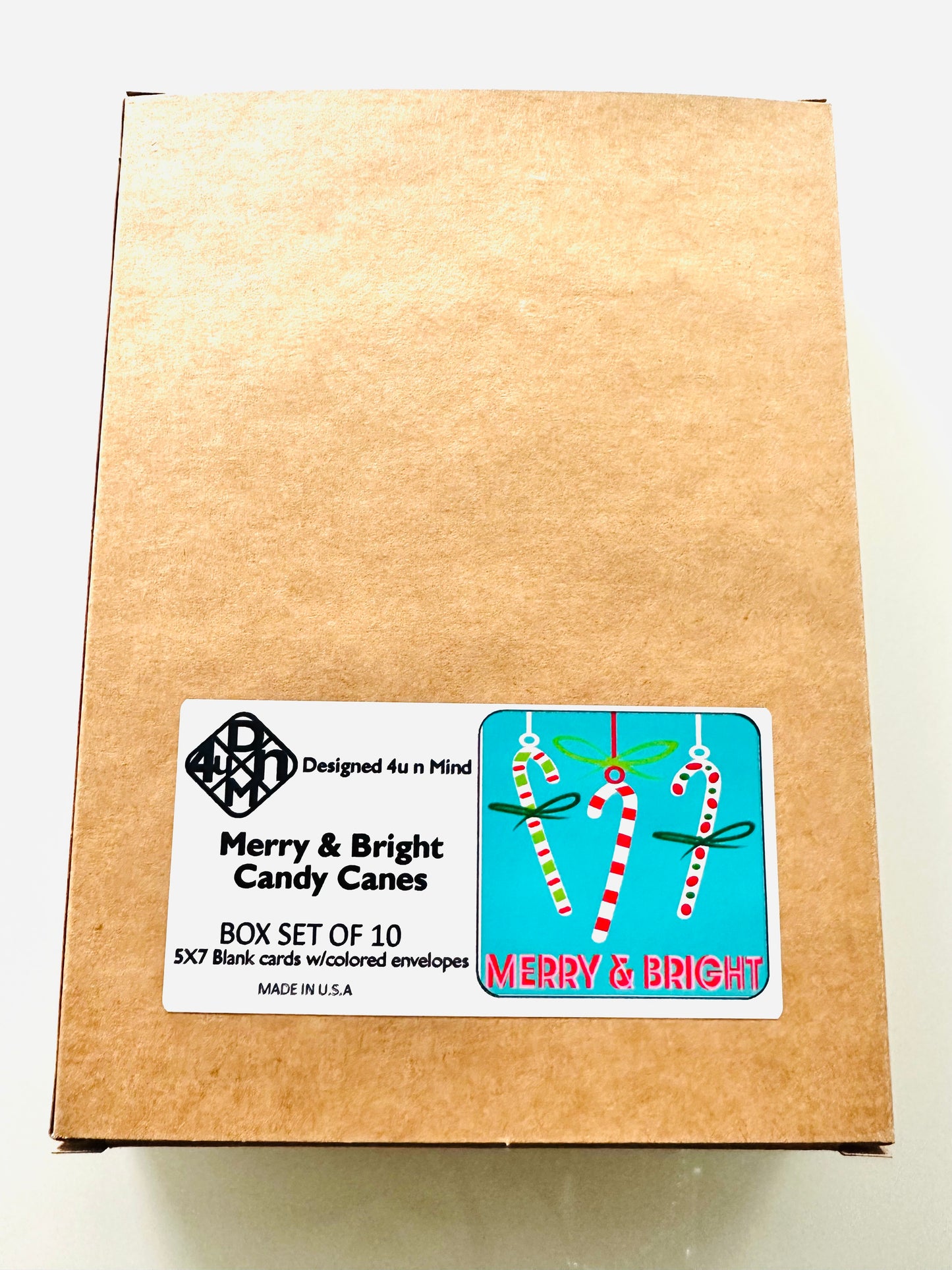 MERRY & BRIGHT CANDY CANE Holiday Boxed Stationery Greeting card set of 10 size 5 X 7