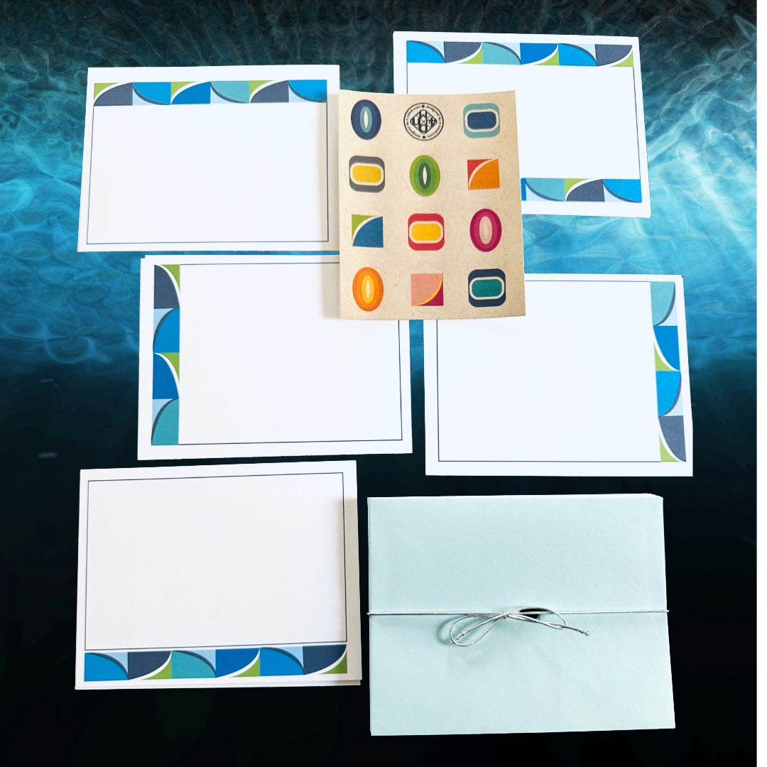 Blue BORDER GEO A2 Size Geometric note card set of 10