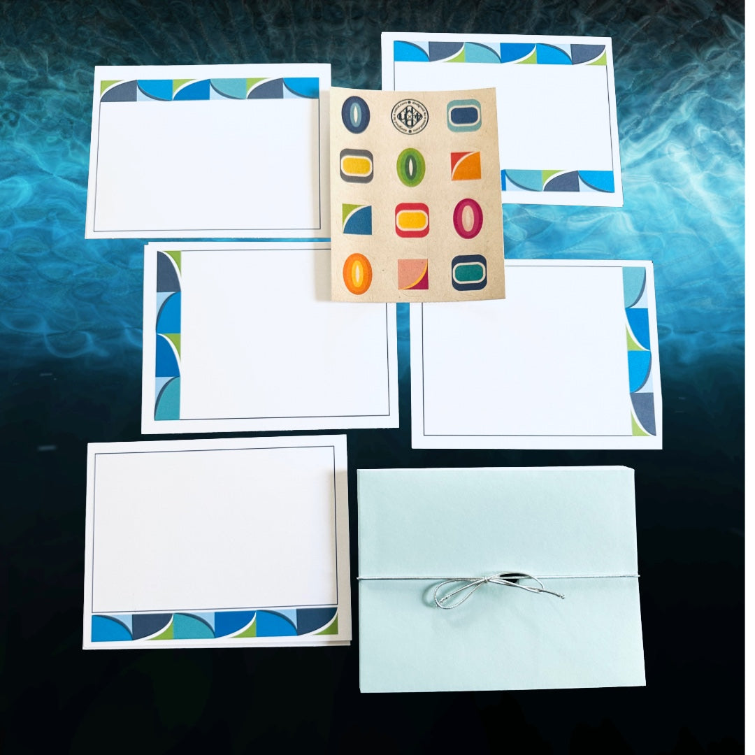 Blue BORDER GEO A2 Size Geometric note card set of 10