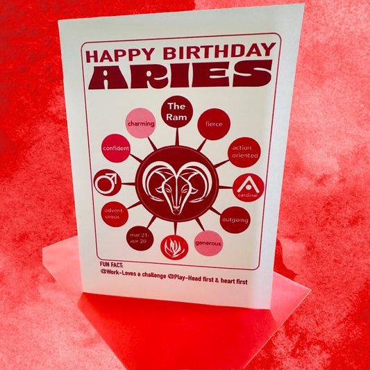 ARIES Happy Birthday Card! Astrology Traits Note Card