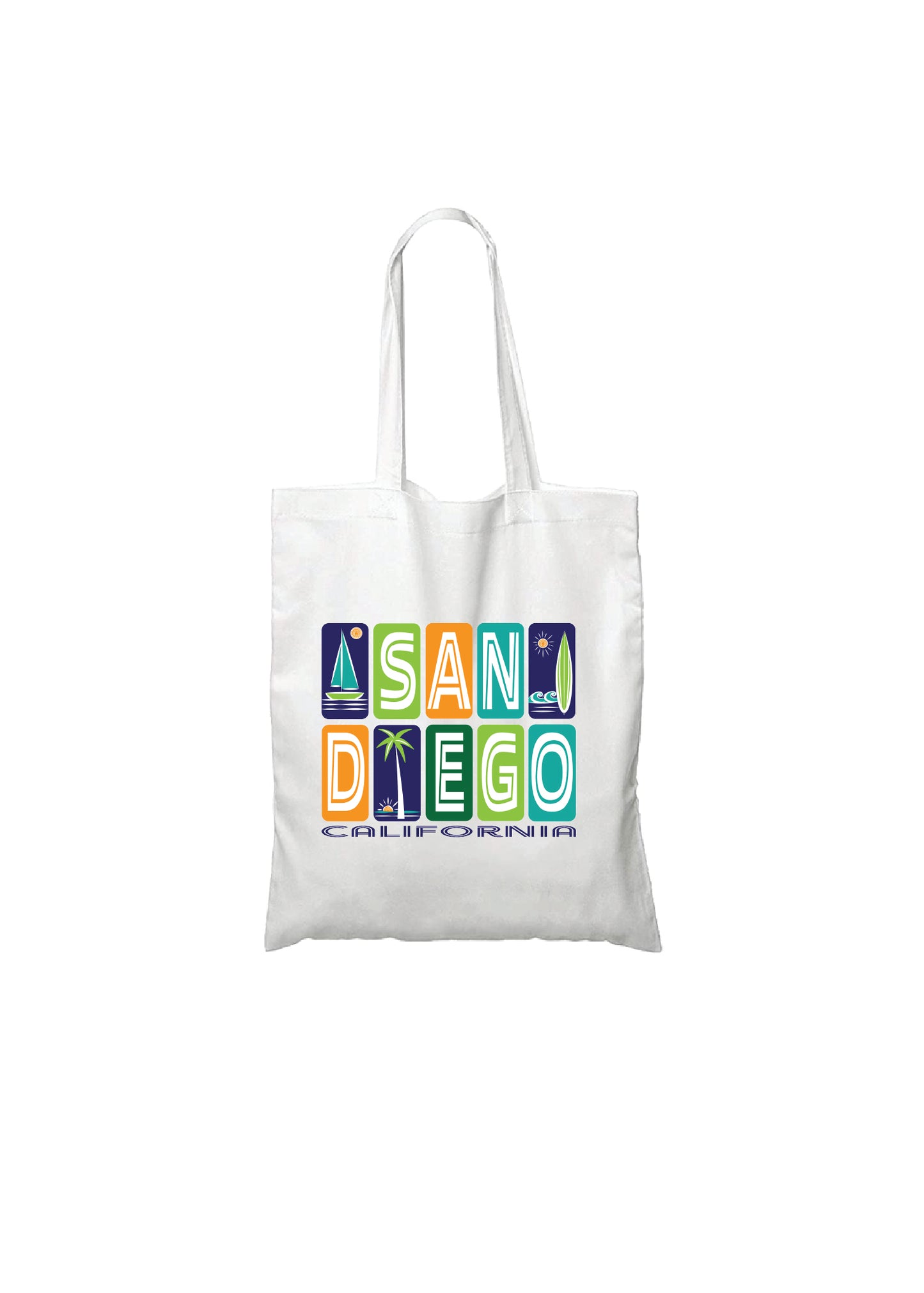 San Diego California Beach Surf, Sail & Palms graphic Cotton Reusable Tote Bag