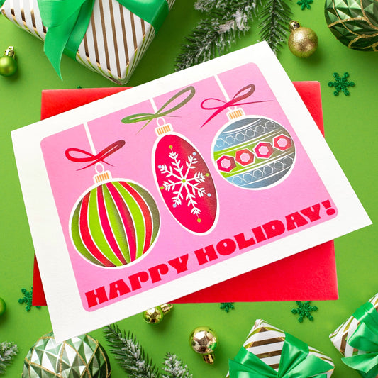 Happy Holiday Festive Ornaments! Holiday Boxed Christmas card set of 10