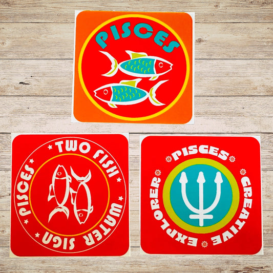 PISCES Bold Colorful Characteristic's & Traits Stickers Set of 3, Glossy Vinyl Decals