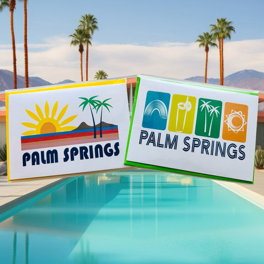 Greetings From PALM SPRINGS Landscape or Icons Note Card 5x7 sun palms cocktails and rainbows card