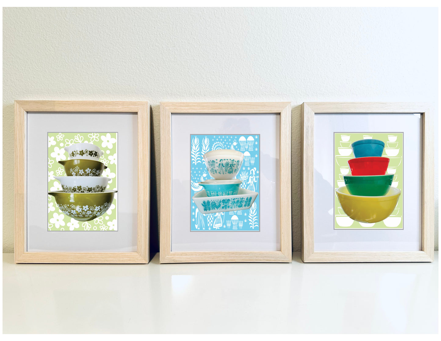 PYREX Vintage Primary Color Mixing bowl set Printed Artwork Home Decor