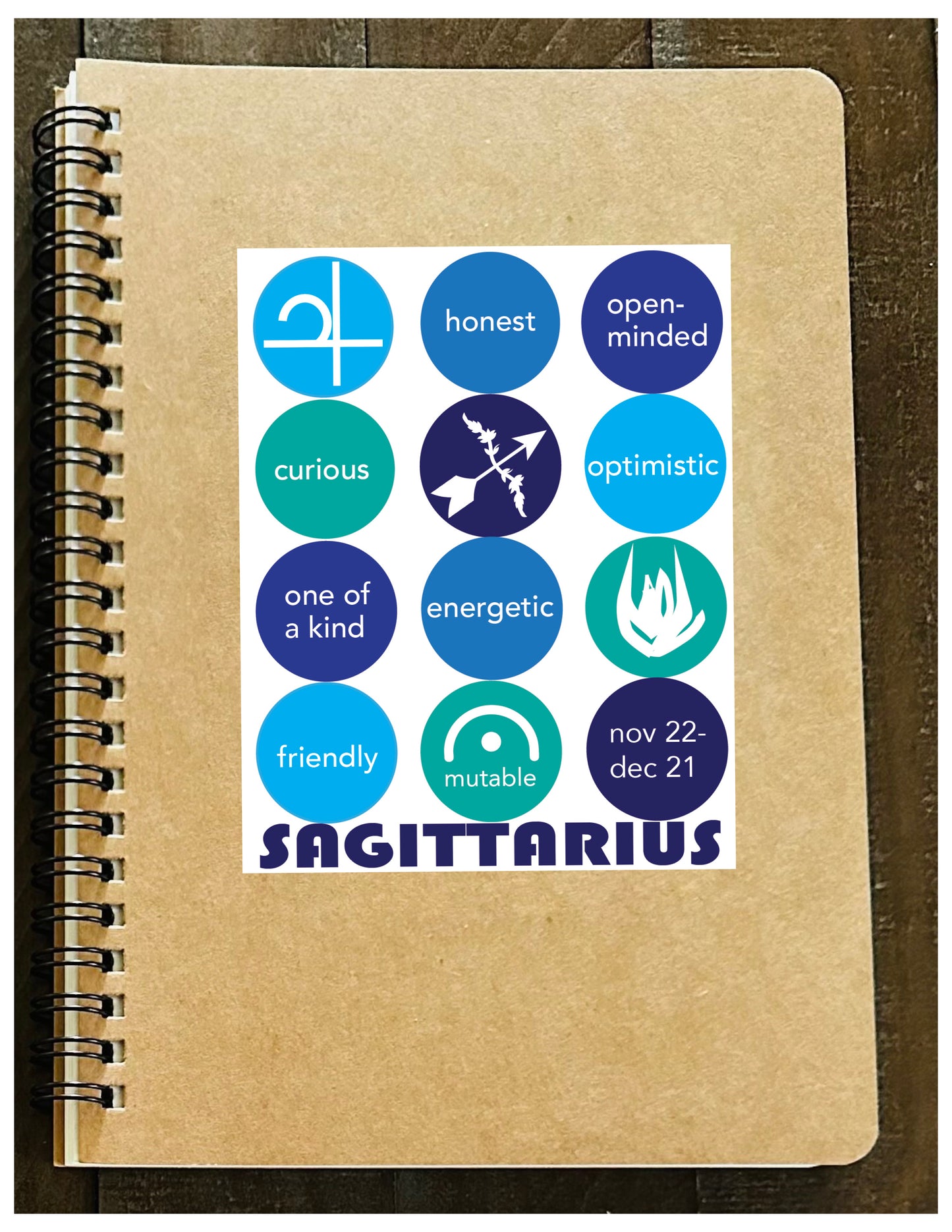 SAGITTARIUS Astrology Traits & Symbols Spiral Kraft A5 Notebook